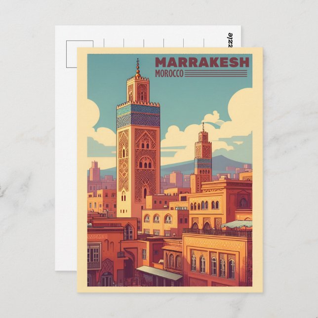 Cartão Postal Edifício da cidade antiga de Marrakech com mesquit (Frente/Verso)