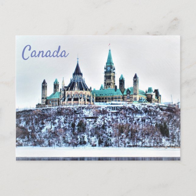Cartão Postal Edifícios do Parlamento do Canadá Neve Rio Ottawa (Frente)