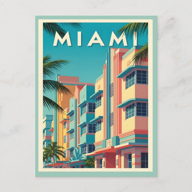 Cartão Postal Edifícios vibrantes de Miami com palmeiras (Frente)