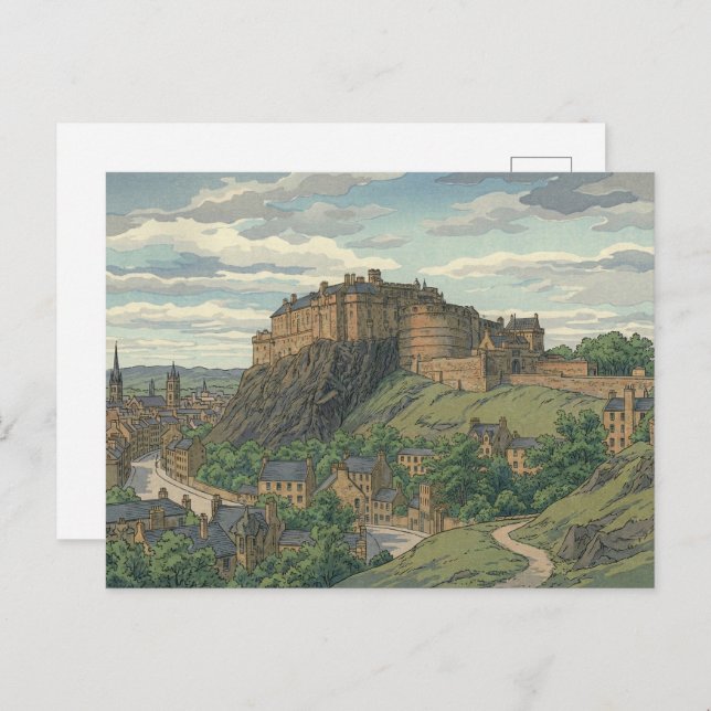 Cartão Postal Edinburgh Castle Japanese Woodblock Print (Frente/Verso)