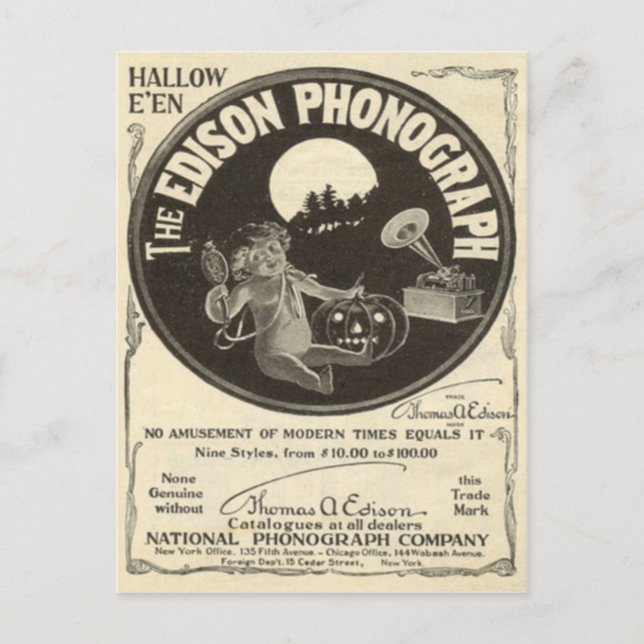 Cartão Postal Edison Phonógrafo Halloween Ad Jack O Lanterna (Frente)