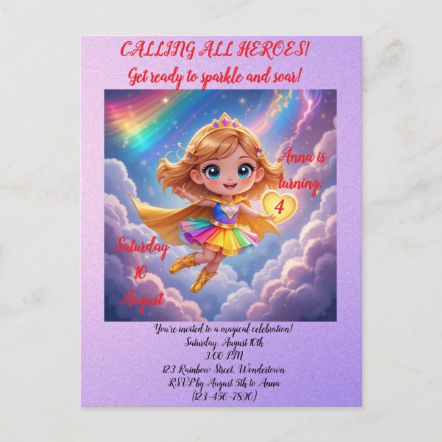 Cartão Postal Editable Birthday Invitation – Superheroine Theme (Frente)