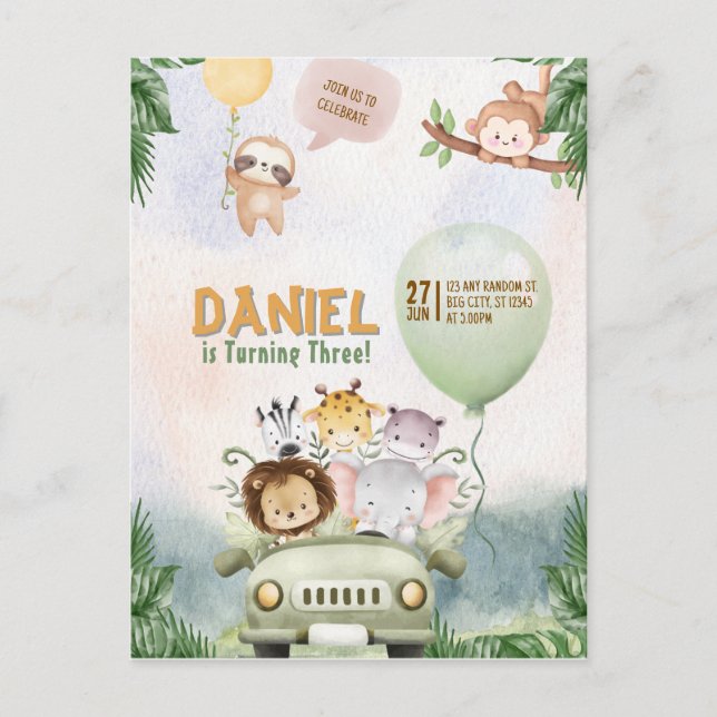 Cartão Postal Editable Safari Birthday Invitation (Frente)
