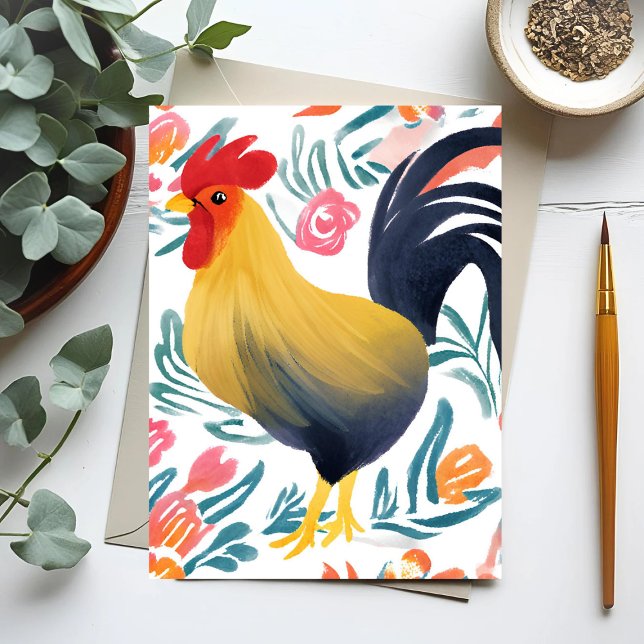Cartão Postal Edna, o galo | Frango Floral de Aquarela (Criador carregado)