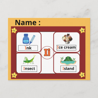 Cartão Postal Educational Alphabet Letter I Flashcard for Kids 
