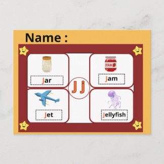Cartão Postal Educational Alphabet Letter J Flashcard for Kids 