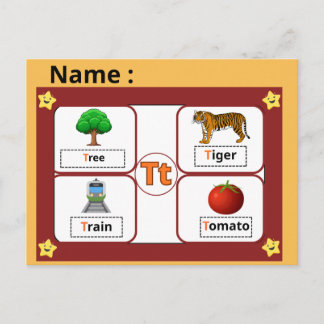 Cartão Postal  Educational Alphabet Letter T Flashcard for Kids 