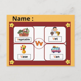 Cartão Postal Educational Alphabet Letter V Flashcard for Kids 
