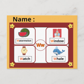 Cartão Postal Educational Alphabet Letter W Flashcard for Kids 