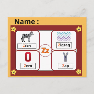 Cartão Postal Educational Alphabet Letter Z Flashcard for Kids 