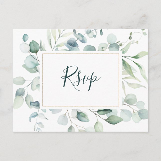 Cartão Postal Eetal Eucalyptus Dourado Greenery Wedding RSVP (Frente)