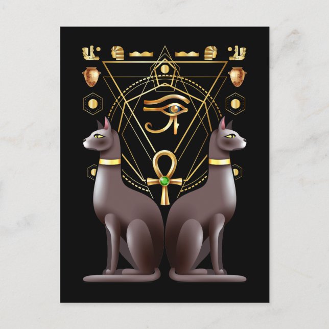 Cartão Postal Egípcio Cat Horus Eye Ankh Sagrado Geometria (Frente)
