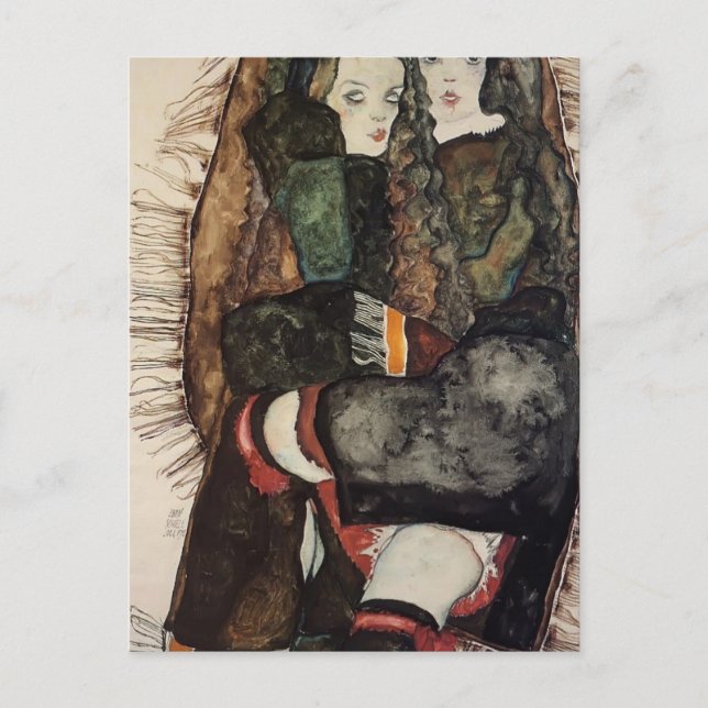 Cartão Postal Egon Schiele- Duas Meninas em uma Coberta Franjada (Frente)