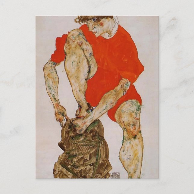 Cartão Postal Egon Schiele-Female Model in Red Jaqueta & Pants (Frente)