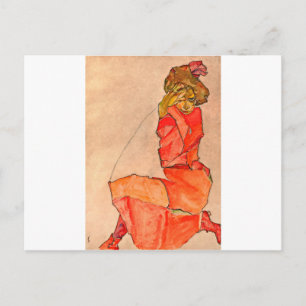 Cartão Postal Egon Schiele - Mulher ajoelhada com vestido laranj