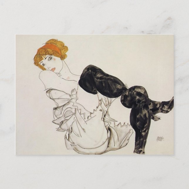 Cartão Postal Egon Schiele - Mulher em estoques negros (Frente)