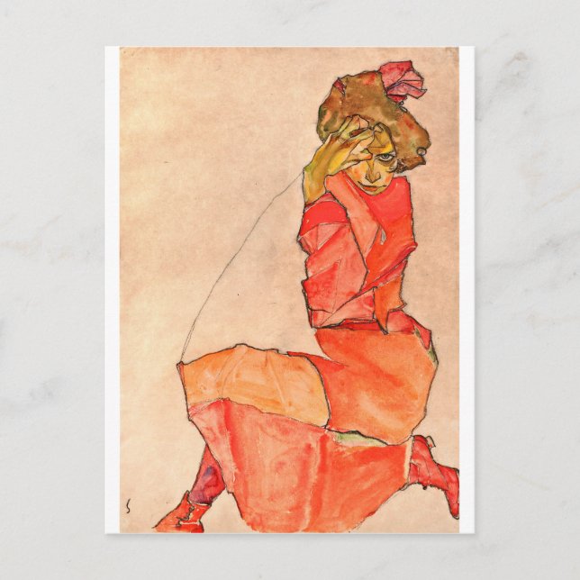 Cartão Postal Egon Schiele - Mulher Nacionada Em Vestido Vermelh (Frente)