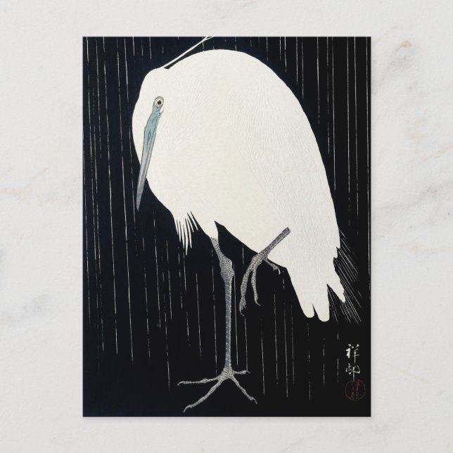 Cartão Postal Egret na pintura da chuva por Ohara Koson (Frente)
