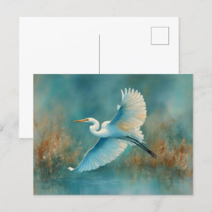 Cartão Postal Egrete Branco na Aquarela de Voo