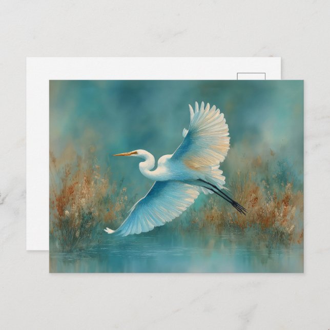 Cartão Postal Egrete Branco na Aquarela de Voo (Frente/Verso)