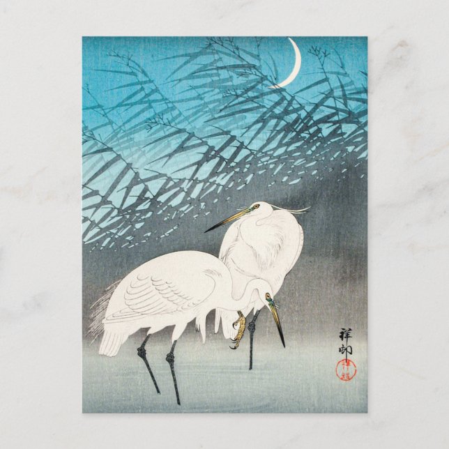 Cartão Postal Egrets and Reeds in Moonlight - Ohara Koson - Arte (Frente)