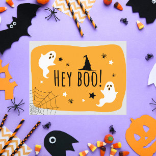 Cartão Postal Ei, Boo! Laranja e Preto de Halloween de Fantasma
