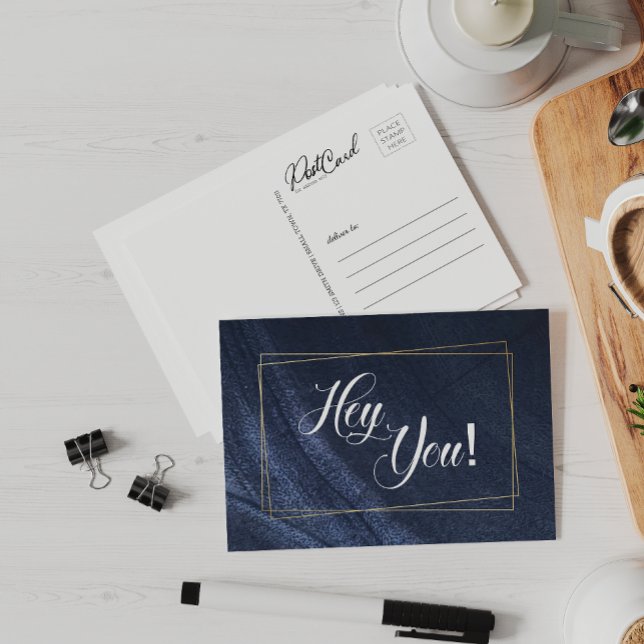 Cartão Postal Ei, Seu Azul Denim Dourado Diversão Diga Oi (Criador carregado)