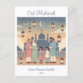 Cartão Postal Eid Mubarak Family Celebration Pastel Mosque Card