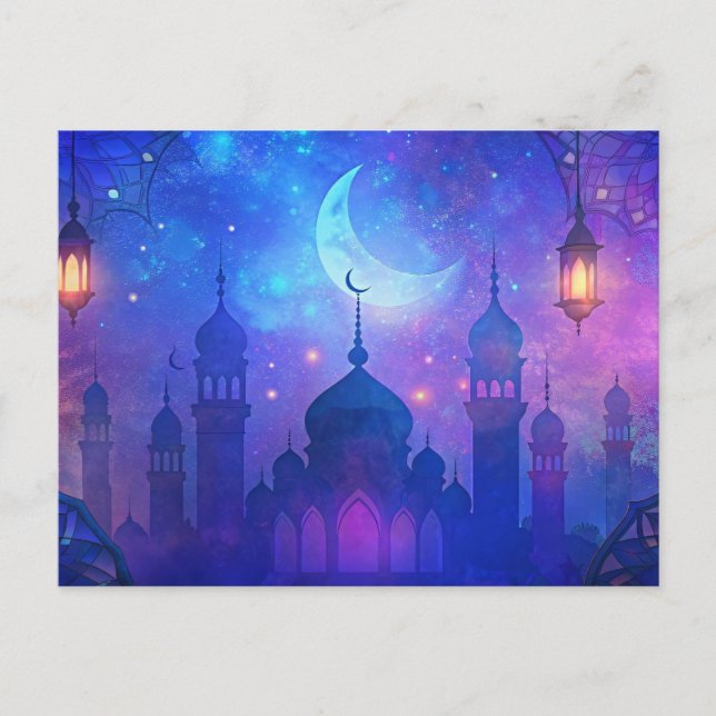 Cartão Postal Eid Mubarak Magic Nights Árabe Cores Crescentes (Frente)