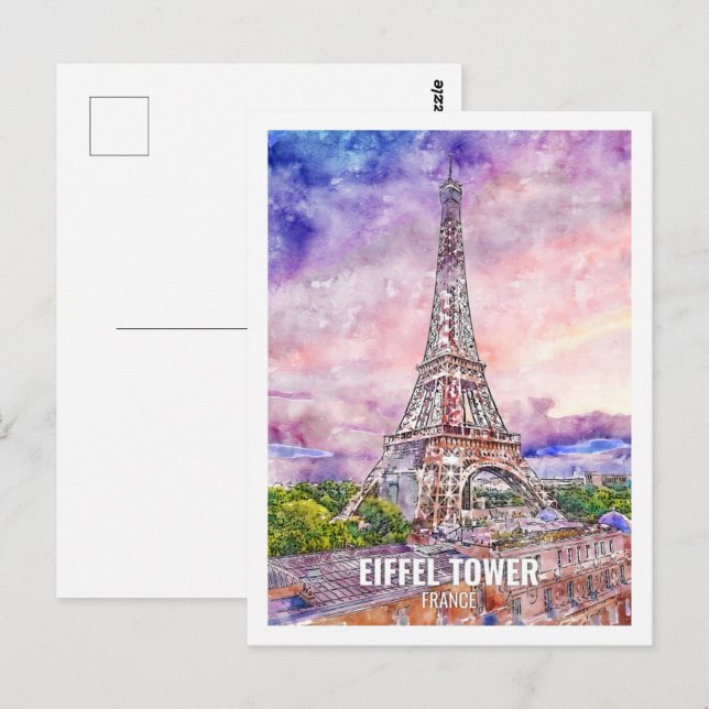 Cartão Postal Eiffel Tower France Viagem Place Watercolor (Frente/Verso)