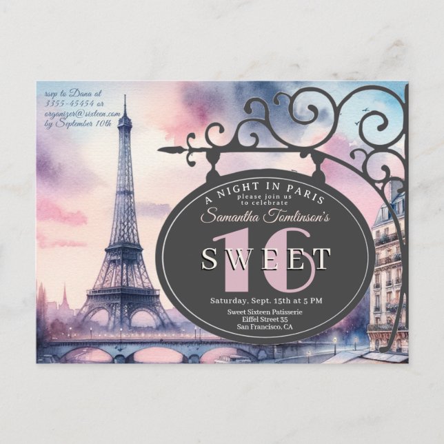 Cartão Postal Eiffel Tower Sweet 16 Birthday Invitation Postcard (Frente)