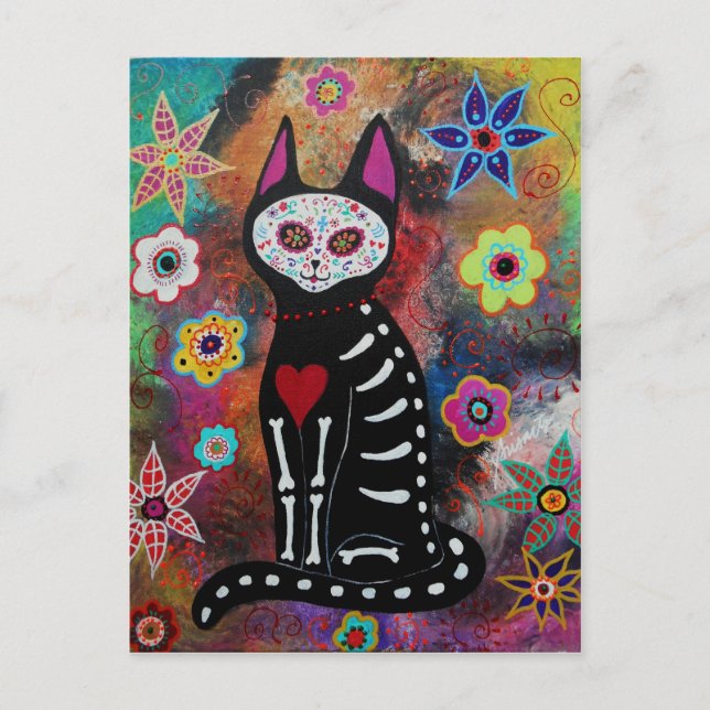 Cartão Postal El Gato Day of the Dead Painting by Prisarts (Dia  (Frente)