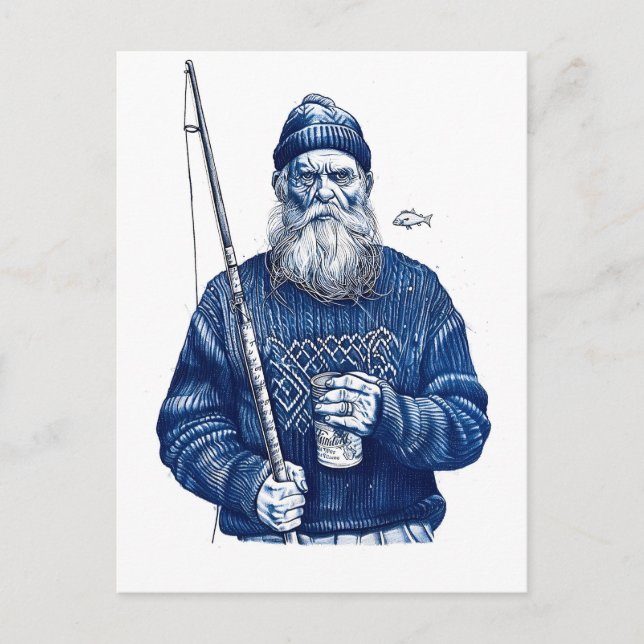 Cartão Postal Elderly Sailor Holding Fishing Rod And Mug (Frente)