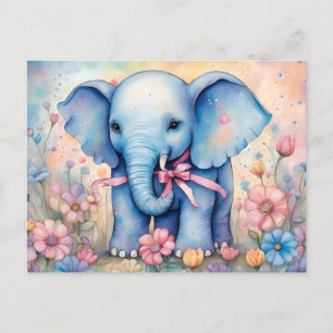 Cartão Postal Elefante Adorável de Bebê em Jardim Pastel