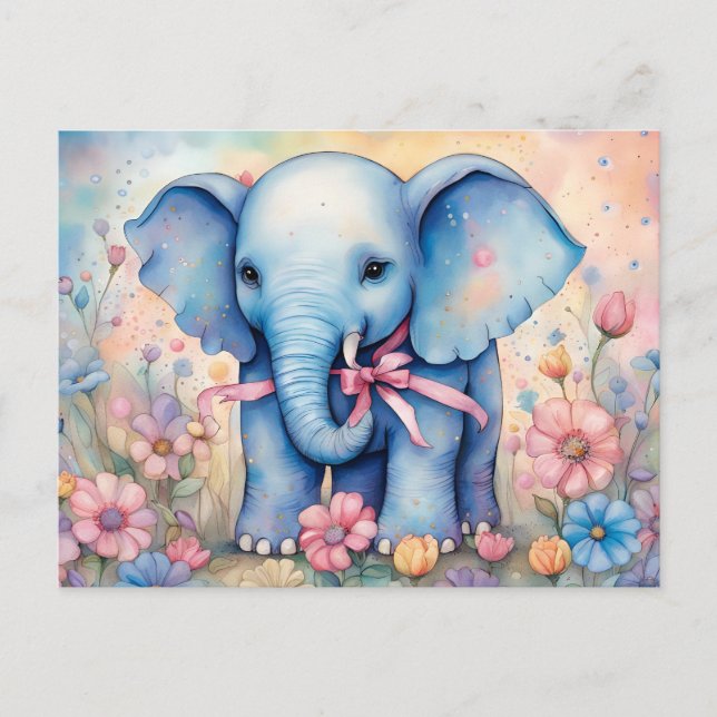 Cartão Postal Elefante Adorável de Bebê em Jardim Pastel (Frente)