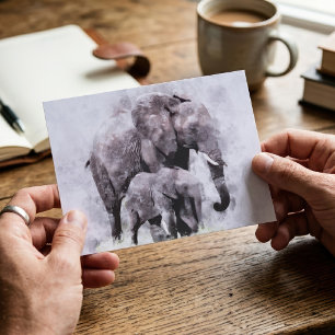 Cartão Postal Elefante-Africano Fêmea com Filhote Aquarela