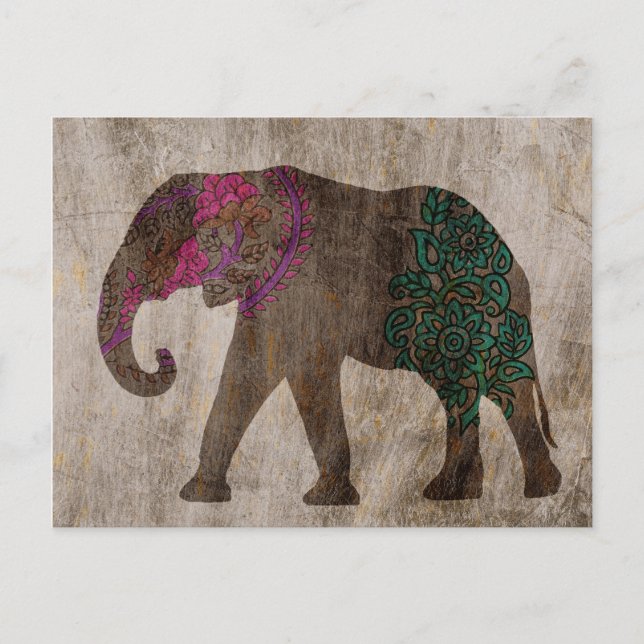 Cartão Postal Elefante Asiático Tribal Zen (Frente)