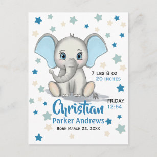 Cartão Postal Elefante-Bebê-Bonito com Nascentes-Garotos Azuis