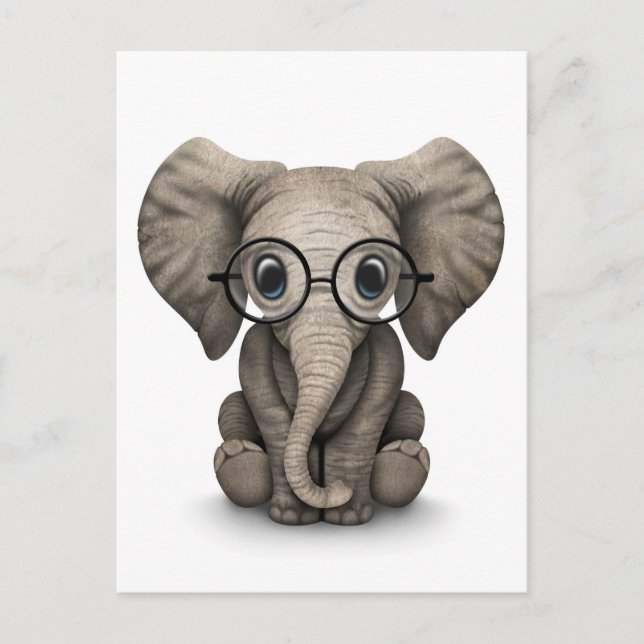 Cartão Postal Elefante-bebê bonito com óculos de leitura branco (Frente)