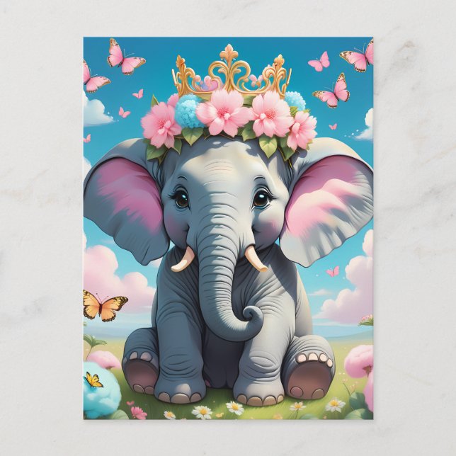 Cartão Postal Elefante Bonito com coroa (Frente)