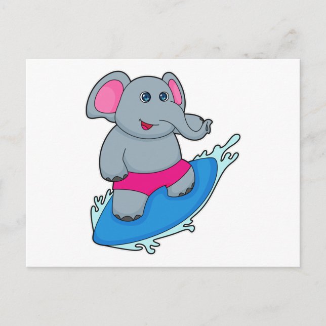 Cartão Postal Elefante como Surfista com Prancha de Surfe (Frente)