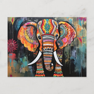 Cartão Postal Elefante Corajoso Colorido Funky Mídia Mistura Ani