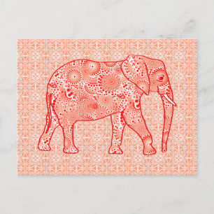 Cartão Postal Elefante de espiral frontal - laranja coral e bran