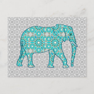 Cartão Postal Elefante de flor de Mandala - turquesa, cinza e br