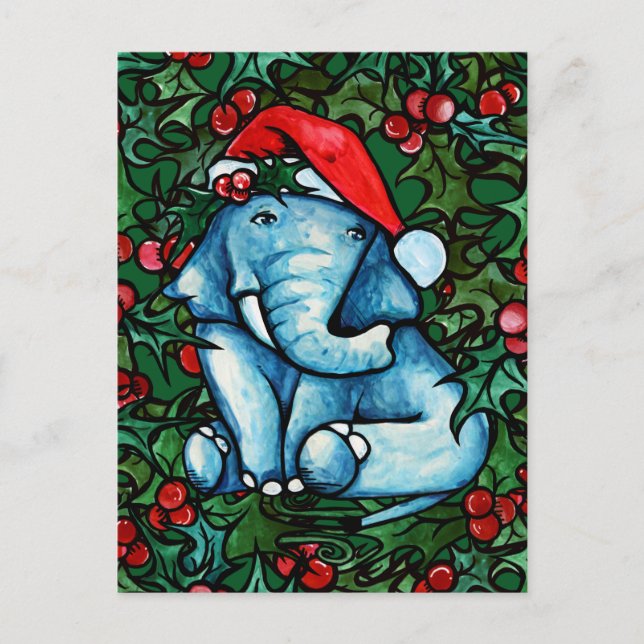 Cartão Postal Elefante de Natal com Holly (Frente)