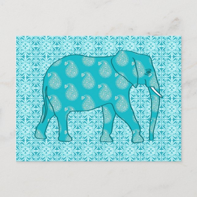 Cartão Postal Elefante de Paisley - turquesa e aqua (Frente)