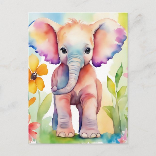 Cartão Postal Elefante de Vida Selvagem de Aquarela (Frente)