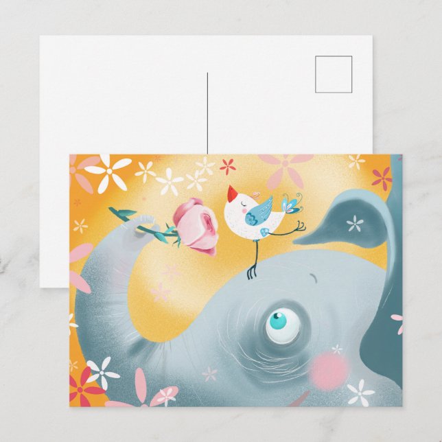 Cartão Postal Elefante e Pássaro Caprichosos (Frente/Verso)