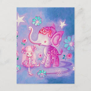 Cartão Postal Elefante Fofo Com Menina de Cabelo Rosa