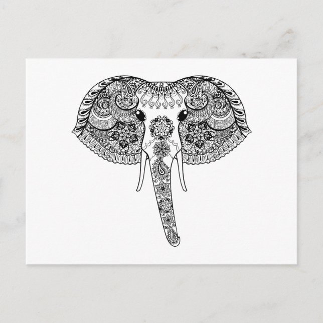 Cartão Postal Elefante indiano inspirado no Zentangle (Frente)